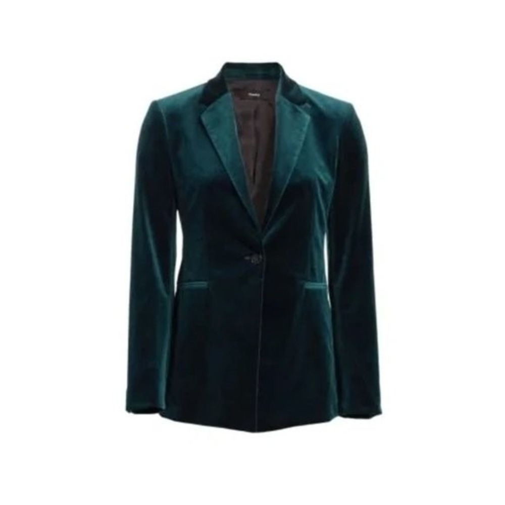 Theory Power Stretch One Button Blazer Jacket in Green Velvet Women 10 $495